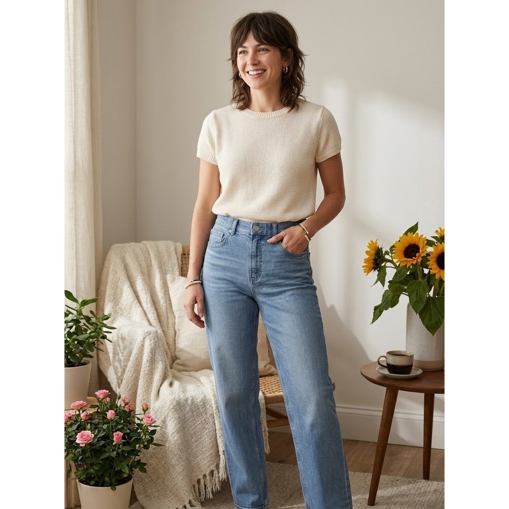 High Rise Straight Leg Spanx Blue Cotton Blend Denim Jeans Size M Medium Tall